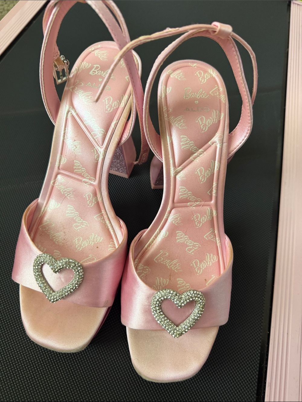 Aldo Pink Satin Heart-Embellished Slingback Heels